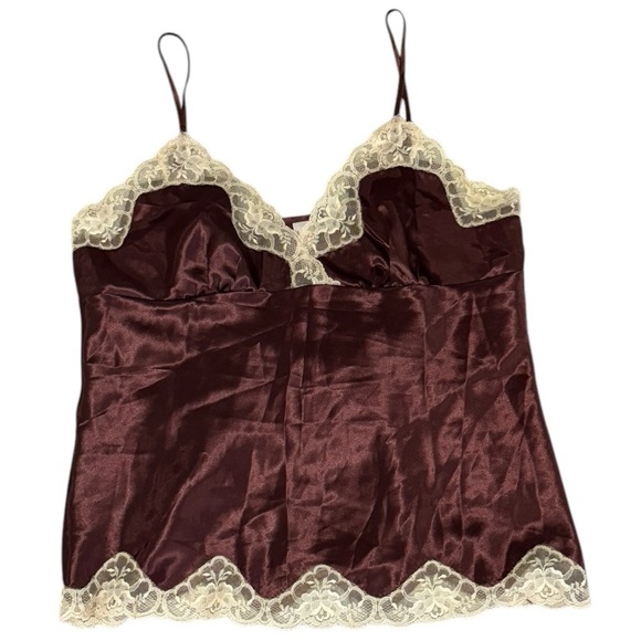 VINTAGE FRENCH DRESSING Brown Satin Cream Lace Camisole Tank Top size L Y2K 90’s - Picture 1 of 6